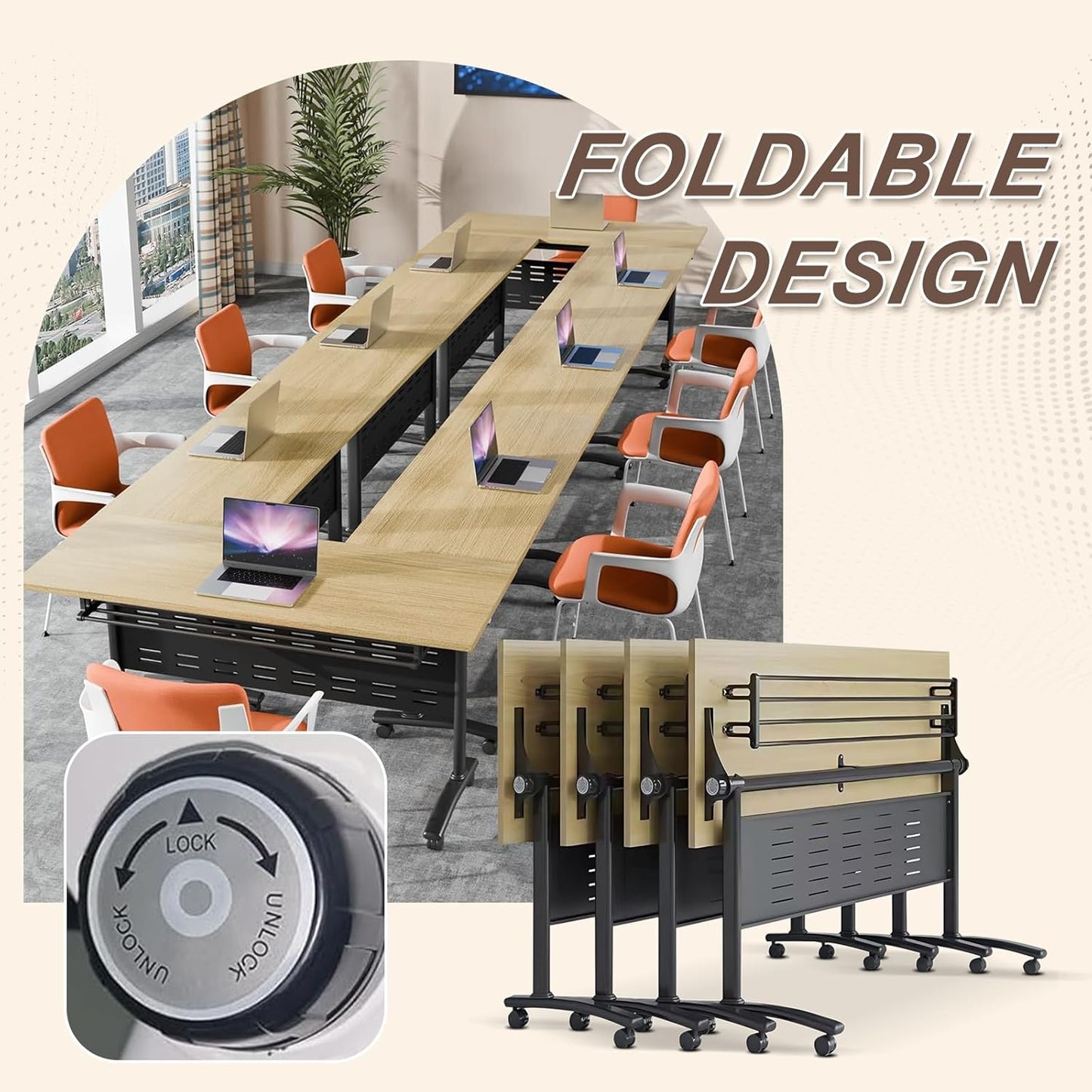 Folding Conference Room Table, Modern Conference Tables with Wheels, Large Rectangular Mobile Training Tables for Office Classroom, Foldable Modular Boardroom Seminar Table Maple (6pack L47.2in)
