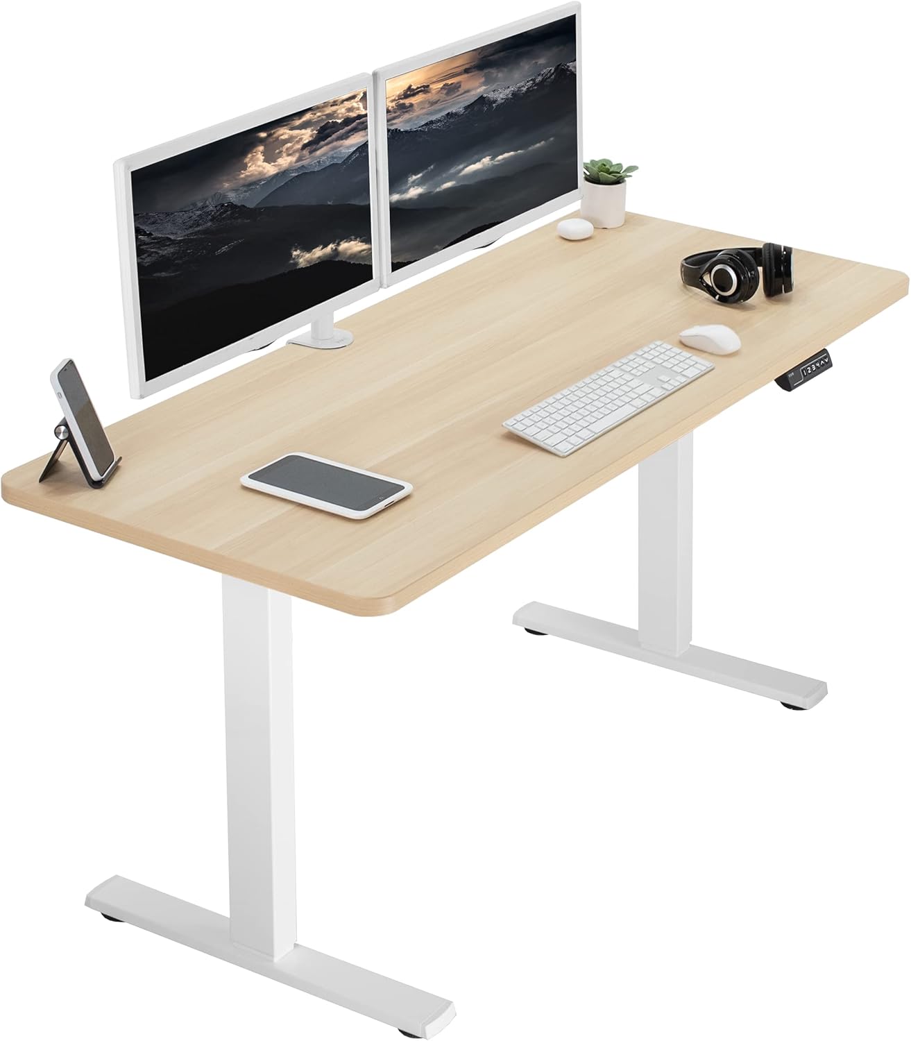 VIVO Electric 60 x 24 in Standing Desk, Memory Height Adjustment, 1B Series, One-Piece Light Wood Top, White Frame, DESK-KIT-1W6C