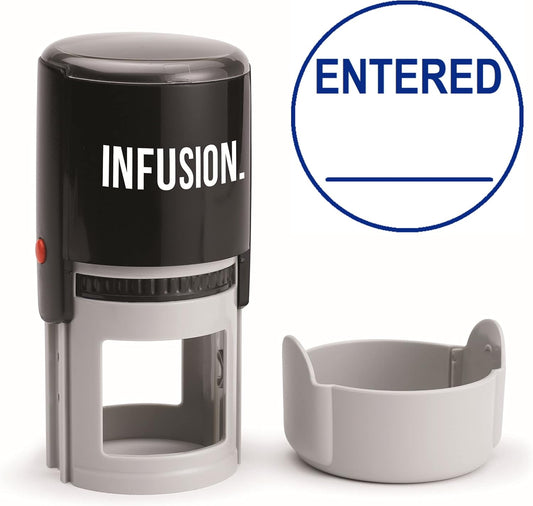 Infusion Custom Text Round Self-Inking Rubber Stamp (2" Diameter) - 1 Line of Text with Initial Line and Border