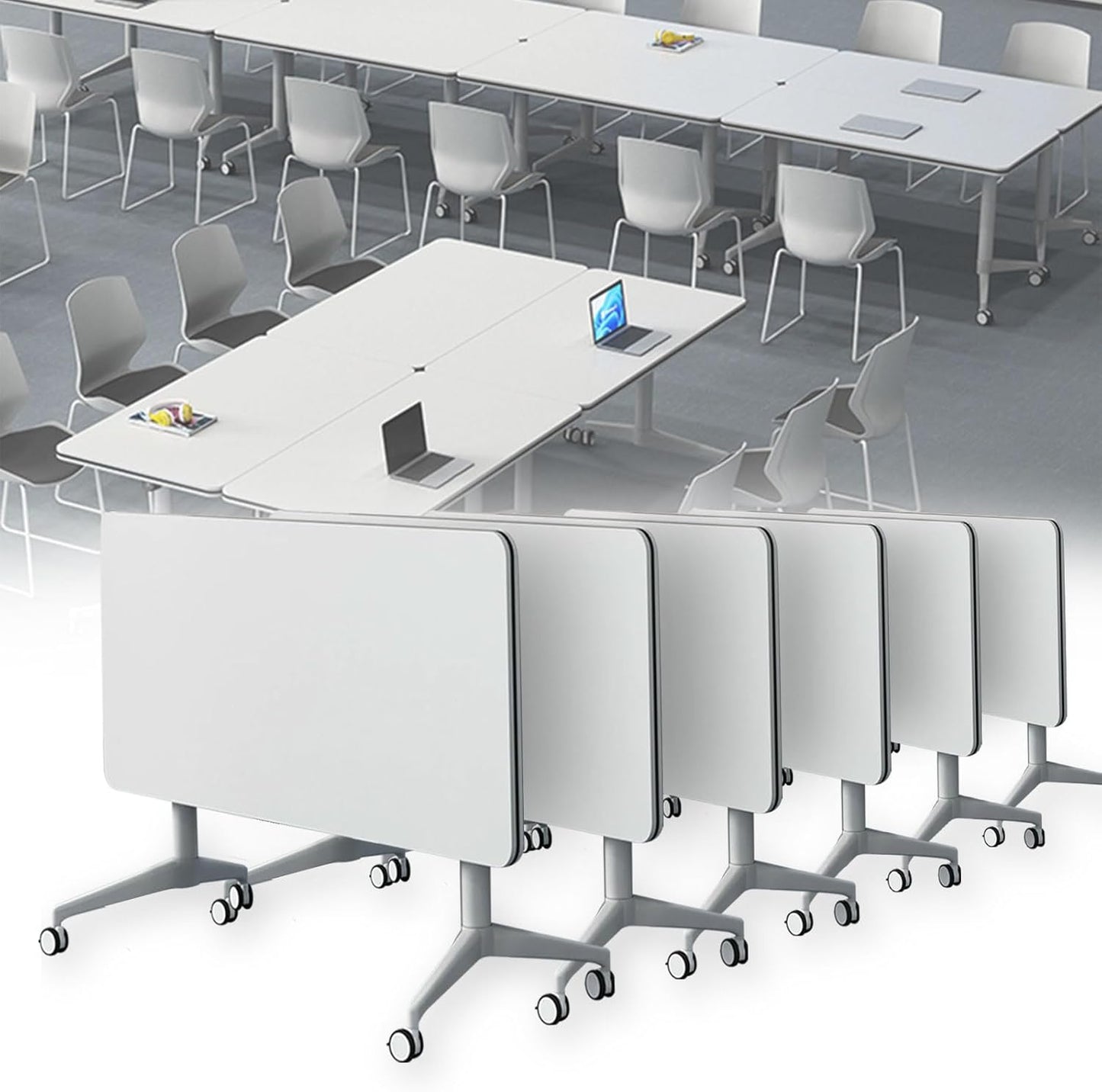 Conference Table Folding Conference Table, Modern Conference Room Table White Meeting Table Flip Top Large Mobile Training Tables, Mobile Training Seminar Tables for Office Classroom (6pack 47.2in)