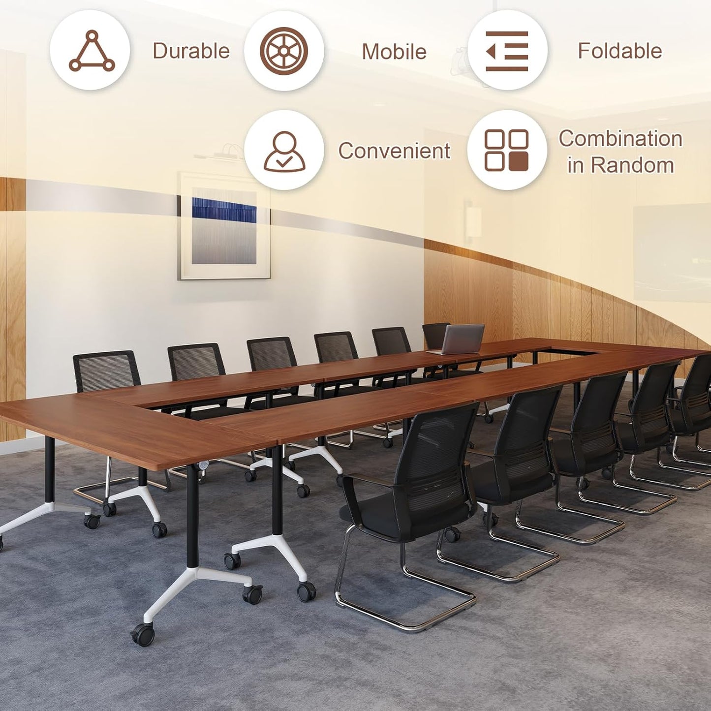 Folding Conference Room Table, Modern Conference Tables with Wheels, Large Rectangular Mobile Training Tables for Office Classroom, Foldable Modular Boardroom Seminar Table (2pack L55.1in)