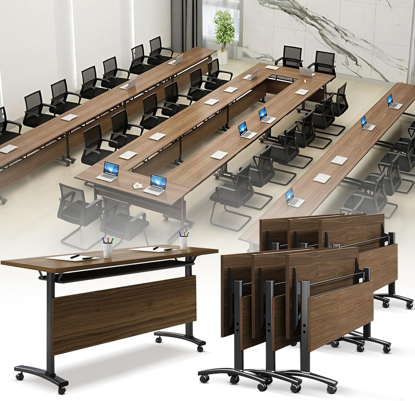 Folding Conference Room Table, Modern Conference Tables with Wheels, Large Rectangular Mobile Training Tables for Office Classroom, Foldable Modular Boardroom Seminar Table Walnut (6pack L47.2in)