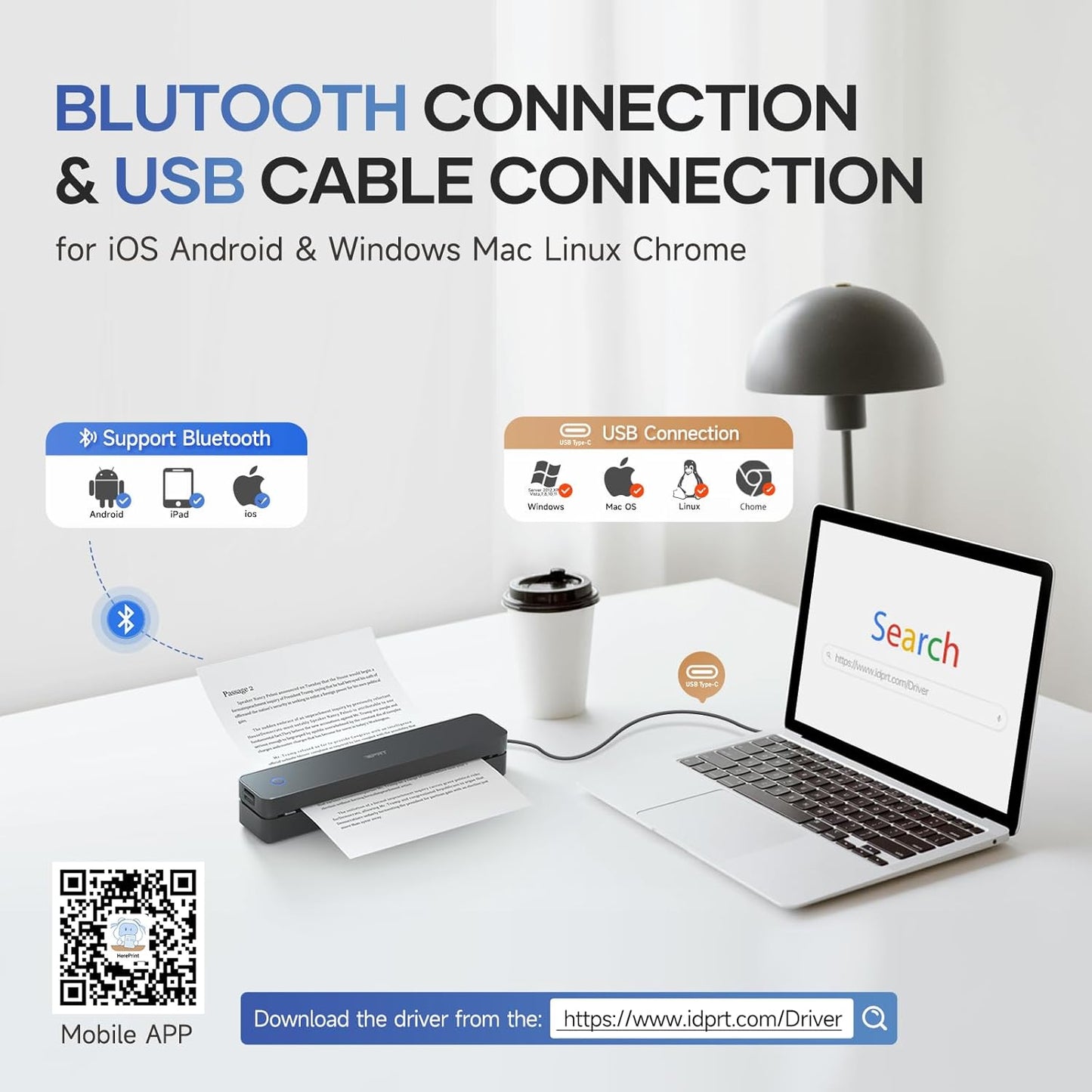 iDPRT Portable-Printer Wireless for Travel, 300DPI Inkless-Thermal-Small-Printer for Home Use, Office, Vehicles, Mobile Bluetooth Printers Supports 8.5" x 11" US Letter&A4&A5 Size, for Phone & PC