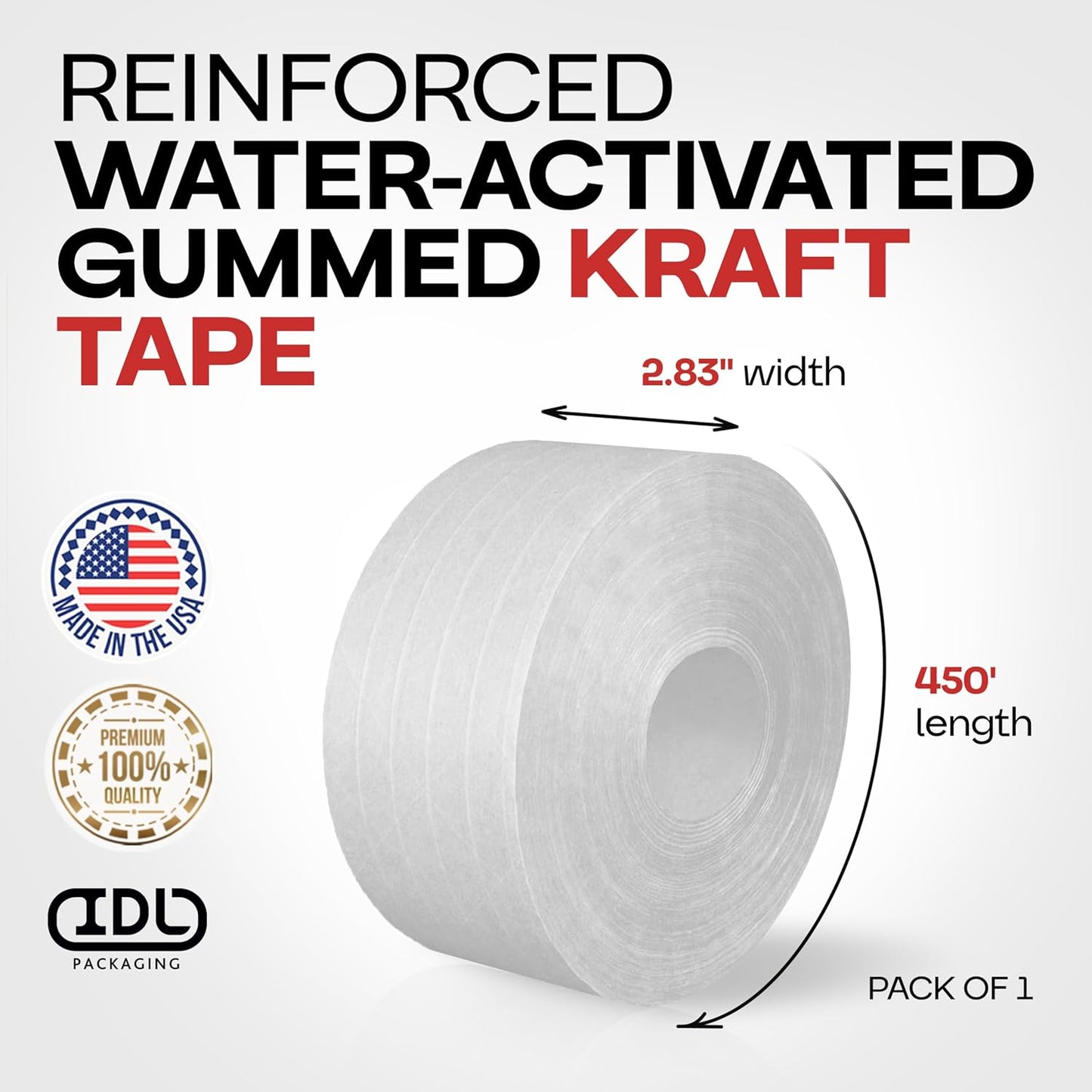 IDL Packaging 2.83" x 450 feet Reinforced Water-Activated Kraft Gummed Tape 30lb Thickness - Secure Paper Packing Tape for Secure Carton Sealing - Heavy-Duty for All Conditions, White