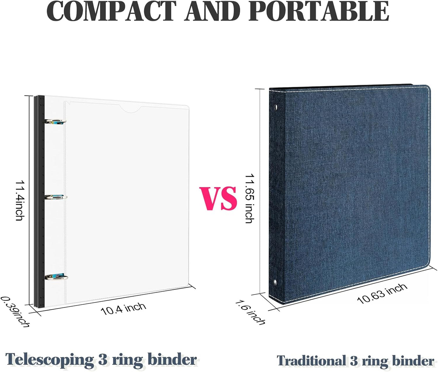 INFUN 1 Inch Telescoping 3 Ring Binder - 1PCS-White，Flexible Binders with Customizable Front Cover and Clear Catalog Pocket, 1Inch Rings, 225 Sheet Capacity