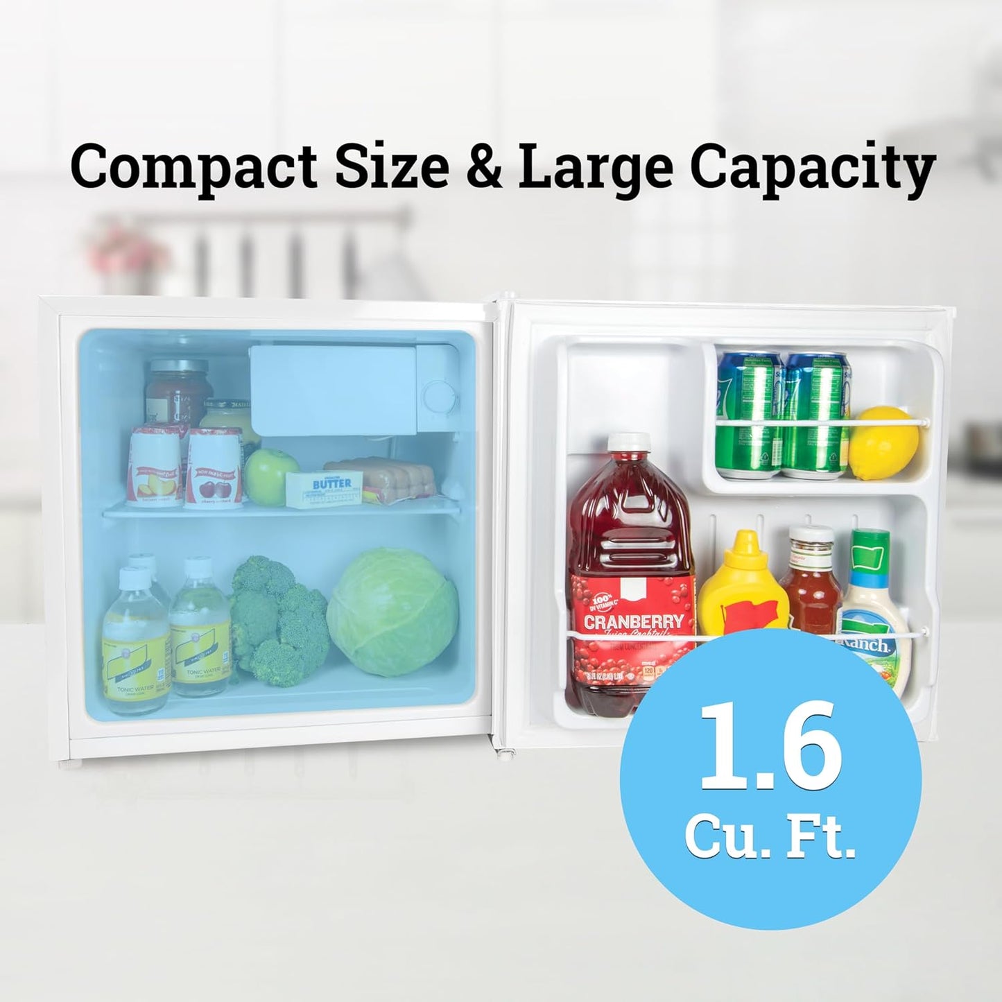 Igloo 1.6 Cu.Ft. Compact Refrigerator - Adjustable Thermostat, Glass Shelves, Includes Scraper, Ice Cube Freezer Drip Tray - White