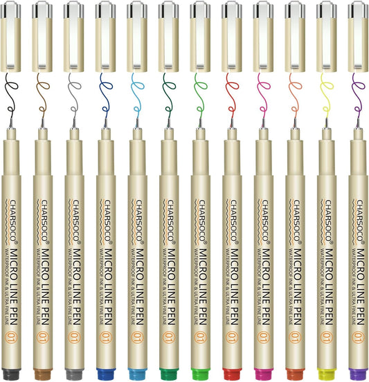 01 Micro Pen, Fine Point Pen with 12 Colors, Waterproof Archival Ink, 0.25mm Fineliner Ink Pens for Artist Illustration, Sketching, Anime, Manga, Technical Drawing and Scrapbooking