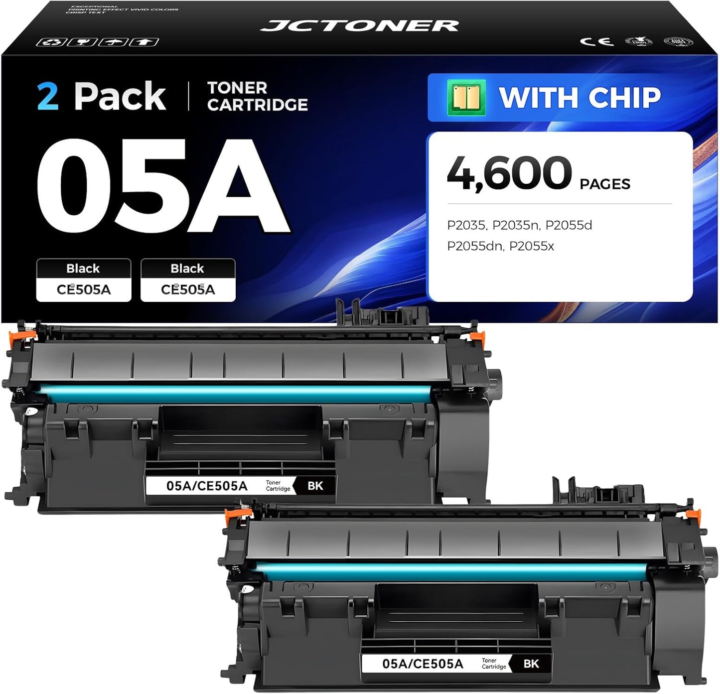 05A Black Toner Cartridge 2-Pack with chip High Yield Replacement for HP 05A CE505A 05X CE505X Toner Compatible Works with HP Laserjet P2035 P2035n P2055 P2055d P2055dn P2055x Printer Series Ink Copy