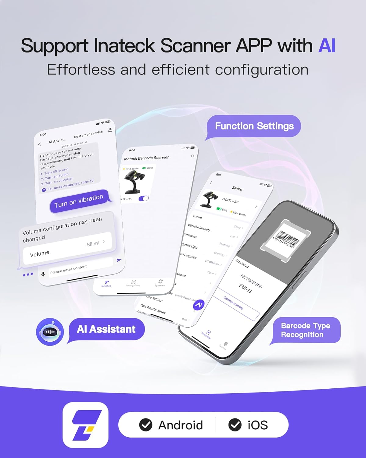 Inateck 2D Barcode Scanner with Intelligent Stand, Wireless QR Code Scanner, Handheld Scanner with APP and SDK, 2D Imager with 2600mAh Battery, BCST-35 Green