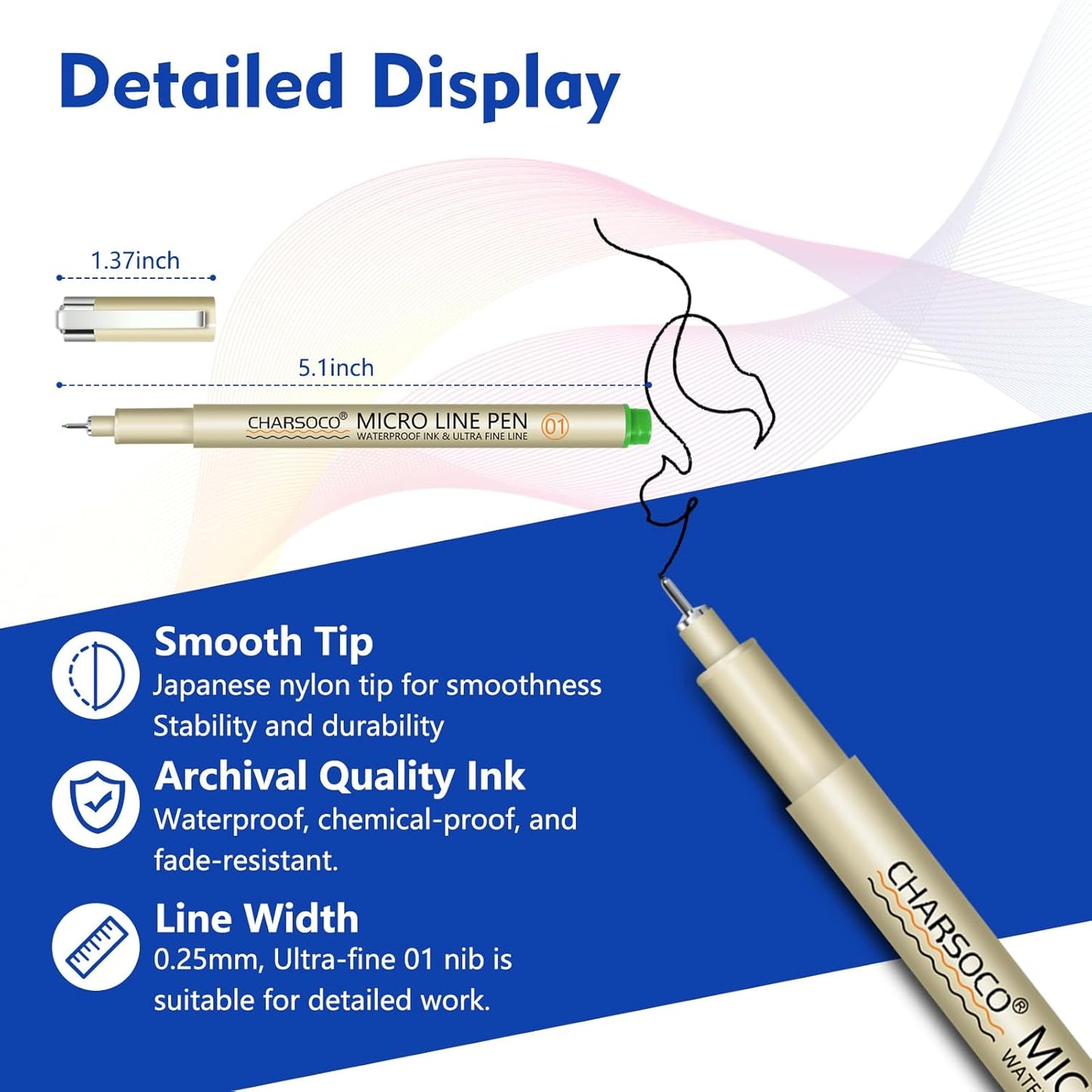 01 Micro Pen, Fine Point Pen with 12 Colors, Waterproof Archival Ink, 0.25mm Fineliner Ink Pens for Artist Illustration, Sketching, Anime, Manga, Technical Drawing and Scrapbooking