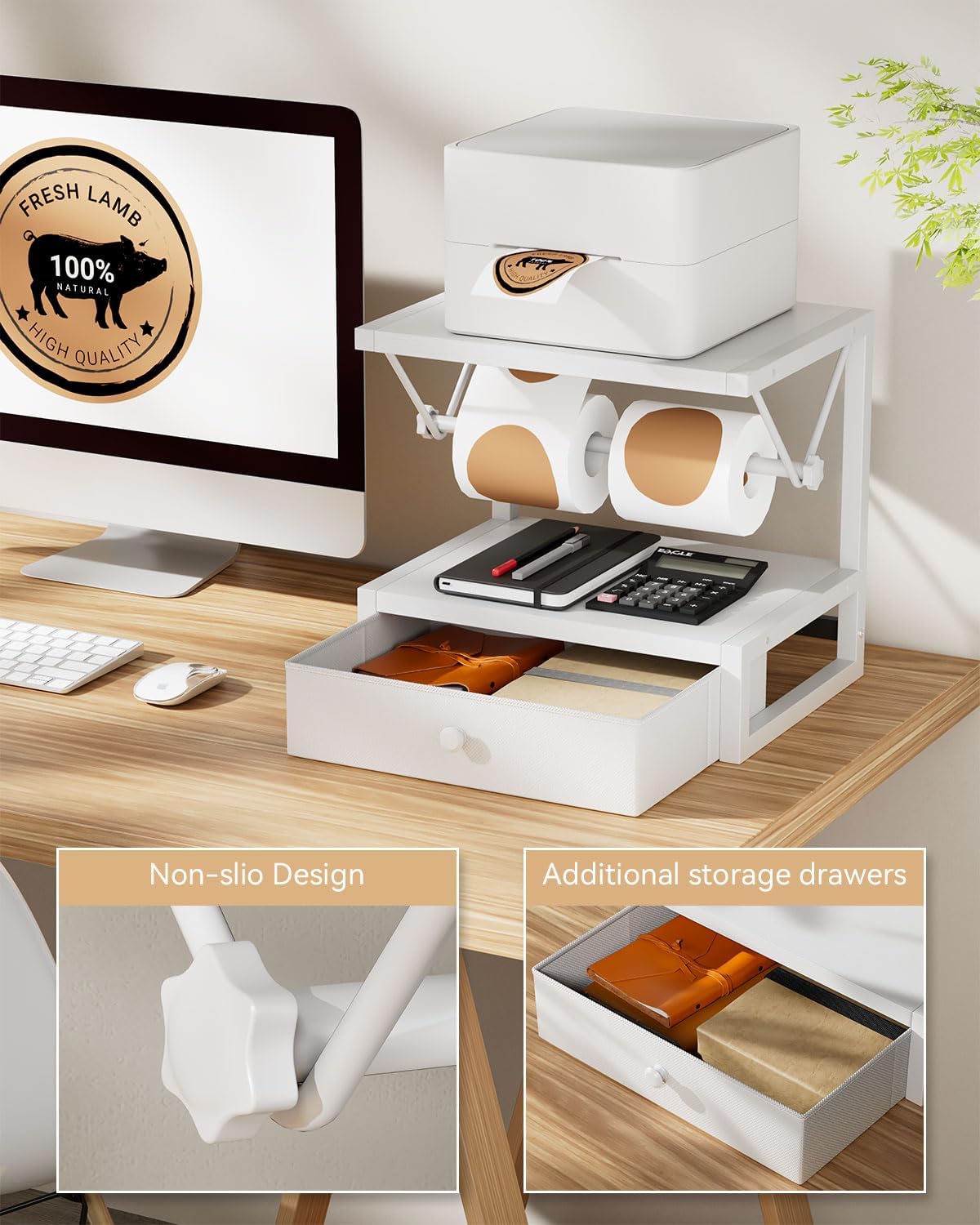 IBUYKE Label Holder for Rolls and Fan-Fold Labels,Wooden Thermal Shipping Label Stand With Drawer Desktop Printer Holder for Home, Office, Small Business,White TPS003W