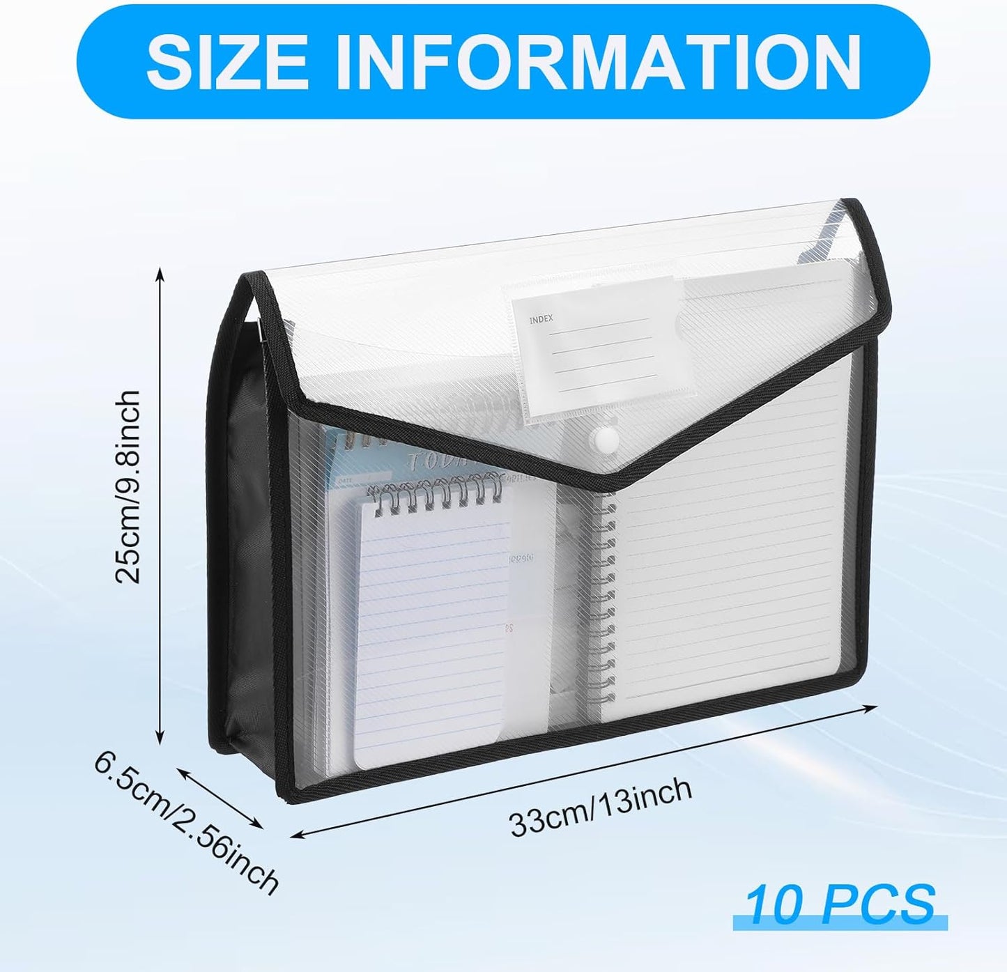 10 Pack Plastic File Folders Portable Expanding File Folder Organizer Documents Envelopes with Snap Closure, A4 Size Waterproof Transparent Pouch with Label for Business Office School