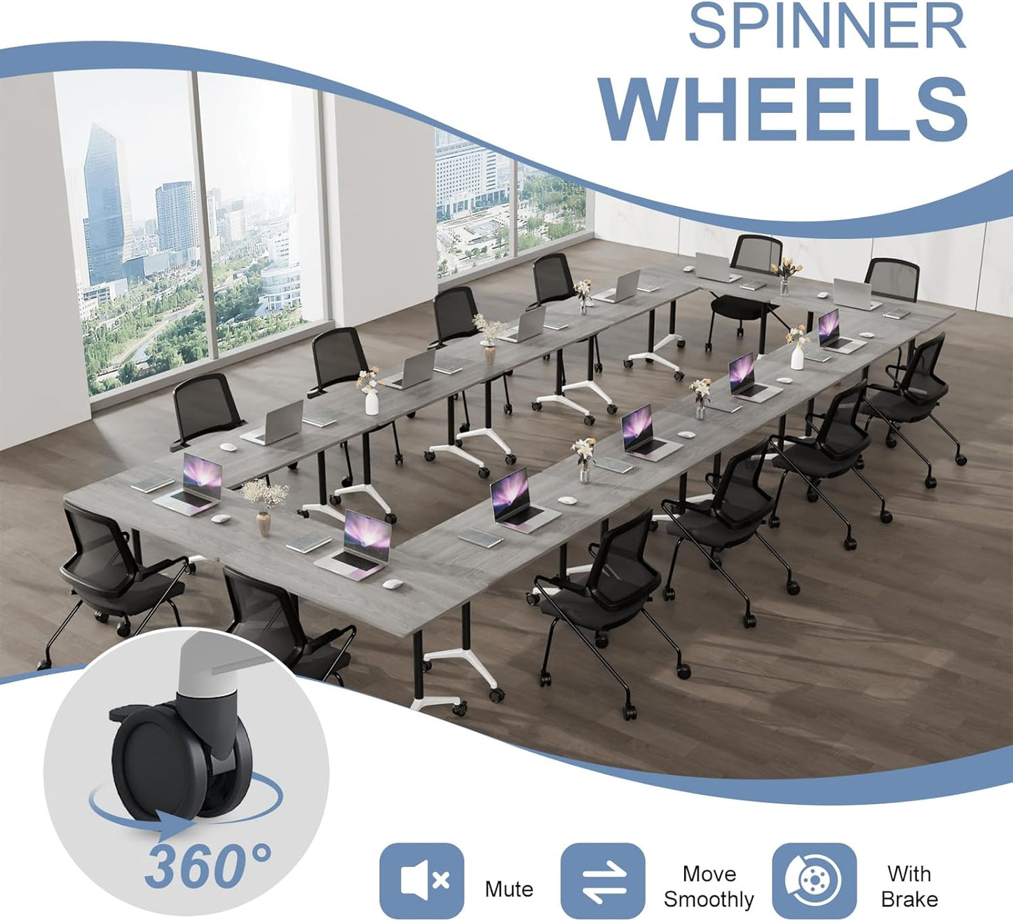 Folding Conference Table, Mobile Training Table for Office Conference, Modern Modular Rectangular Work Desk Meeting Seminar Work Tables with Caster Wheels, Large Breakroom Tables (6Pack L63in)