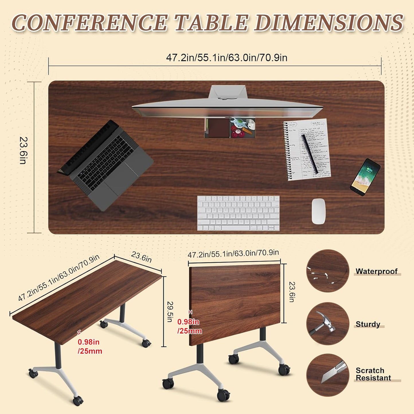 Folding Conference Room Table, Modern Conference Tables with Wheels, Large Rectangular Mobile Training Tables for Office Classroom, Foldable Modular Boardroom Seminar Table (4pack L63in)