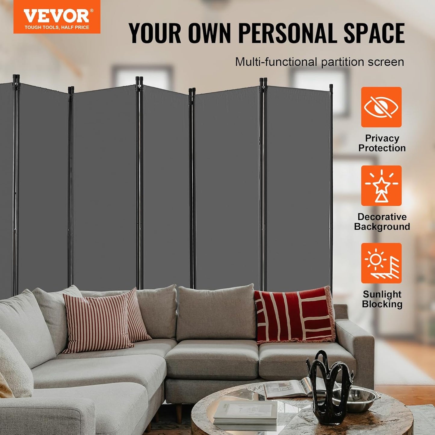 VEVOR Room Divider, 6 Panel Room Divider, Folding Privacy Screen and Portable Partition Divider for Room Separation, Freestanding Room Partitions for Office, Bedroom, Study, Grey