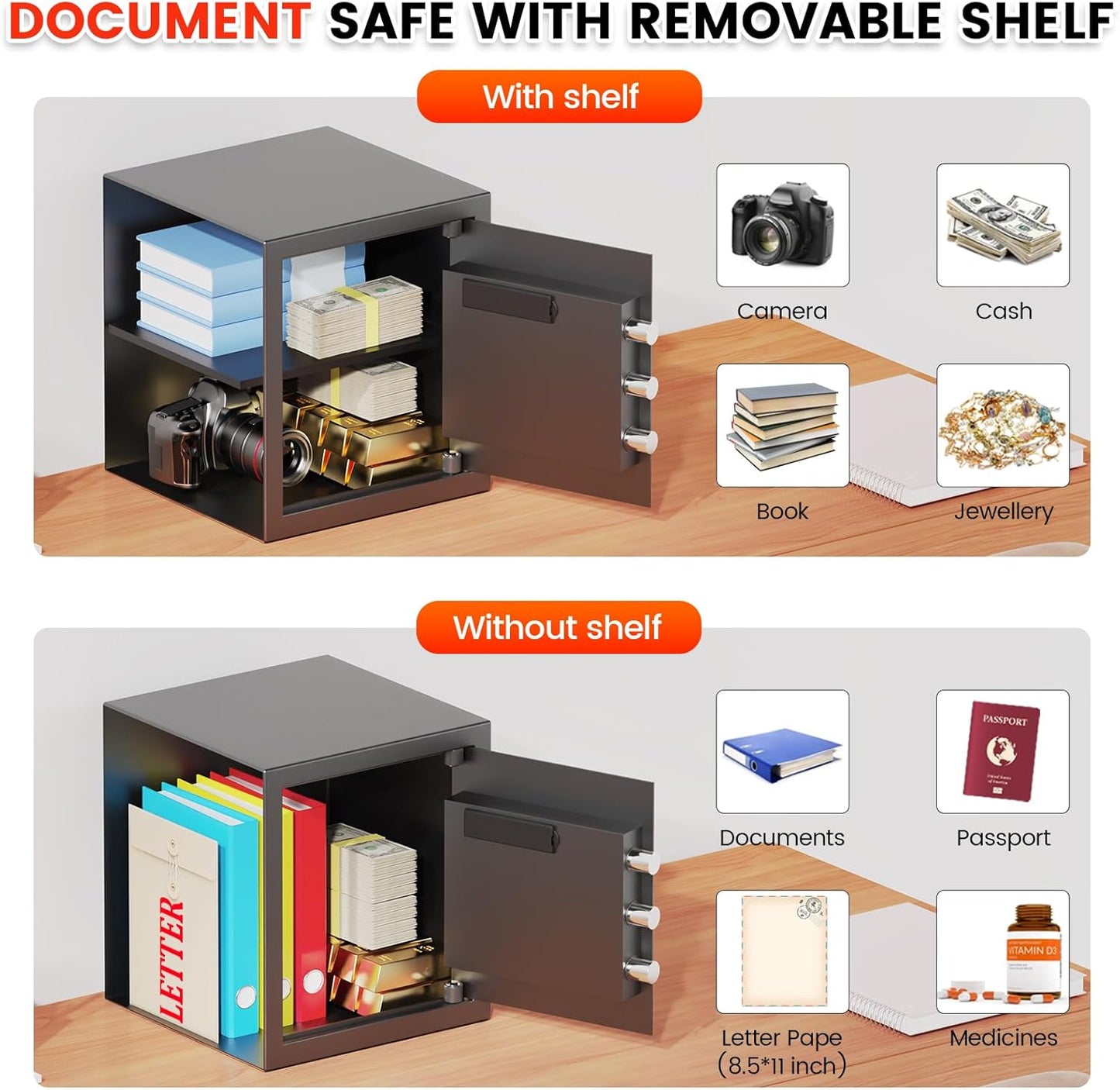 1.3 Cuft Fingerprint Safe Box, Biometric Home Safes with Fireproof Waterproof Bag, Combination Keypad, Anti-Theft Dual Alert, Mute Mode, Digital Security Money Safes For Cash Jewelry Office Document