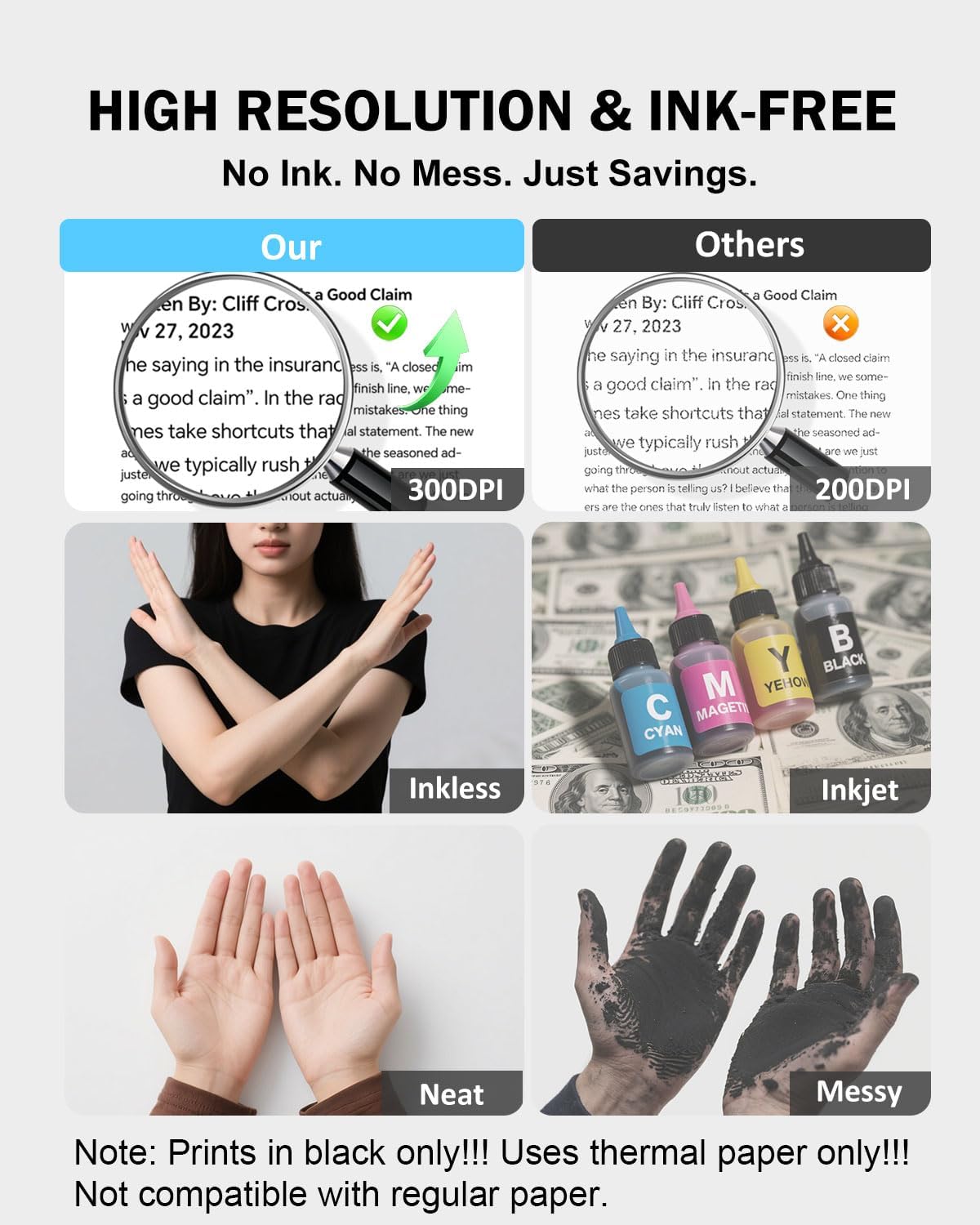 iDPRT Inkless Portable Printer for Travel, 300DPI Wireless Thermal Printer Support 8.5 x 11 Inch US Letter, A4, Small Bluetooth Printers Compatible with iOS, Android Laptop for Office Car Home, Black