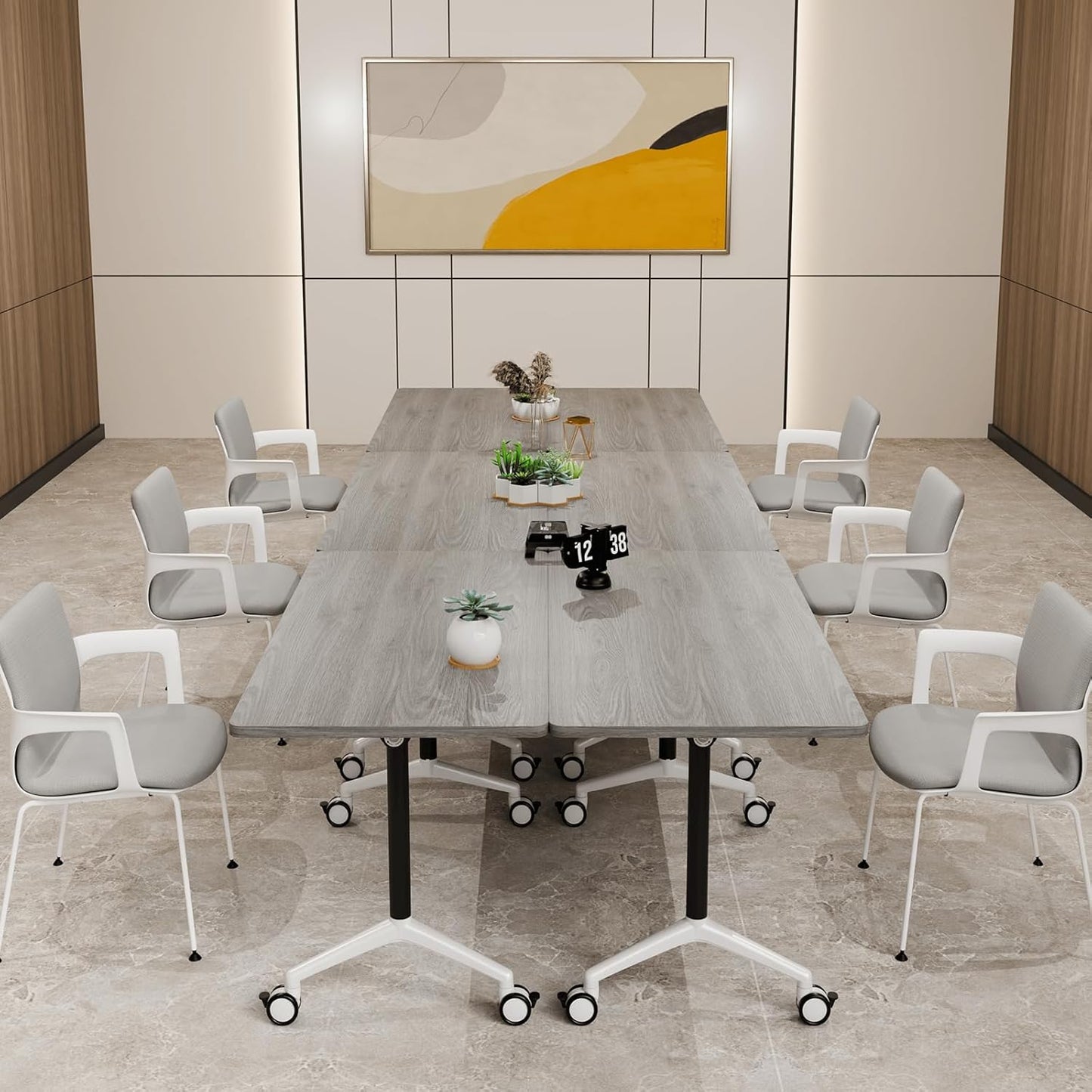 Folding Conference Table, Modern Large Conference Room Tables with Flip-Top Design, Foldable Conference Table Meeting Table with Wheels, Mobile Seminar Training Tables for Office Classroom (6, Oak)