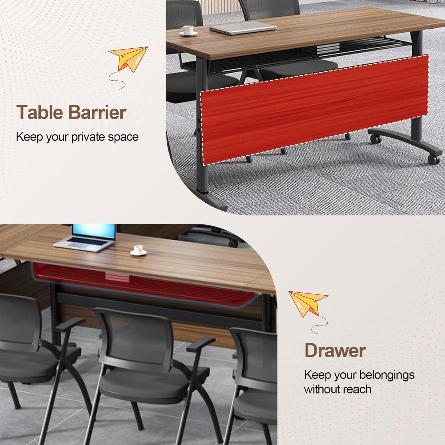 Folding Conference Room Table, Modern Conference Tables with Wheels, Large Rectangular Mobile Training Tables for Office Classroom, Foldable Modular Boardroom Seminar Table Walnut (4pack L63in)