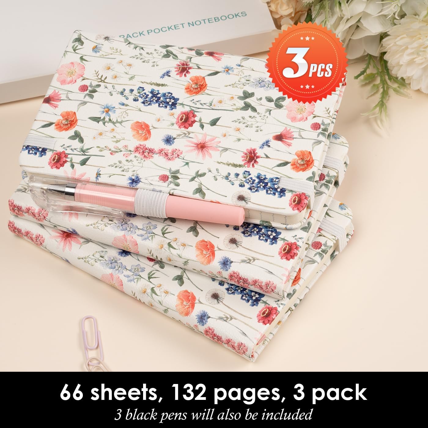 (3 Pack) Small Notebook Pocket Journal with Pen, A6 (3.7" x 5.7"), Aesthetic Floral Mini Notebooks for Women Writing, Leather Note Book with 400 Pages 100GSM Lined Paper