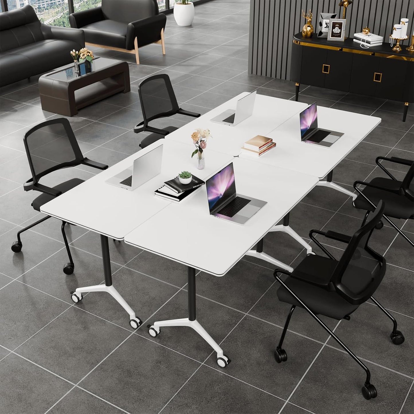 Folding Conference Table, Modern Conference Room Tables with Flip-Top Design, Foldable Conference Table Meeting Table with Wheels, Mobile Seminar Training Tables for Office Classroom (6, White 2)