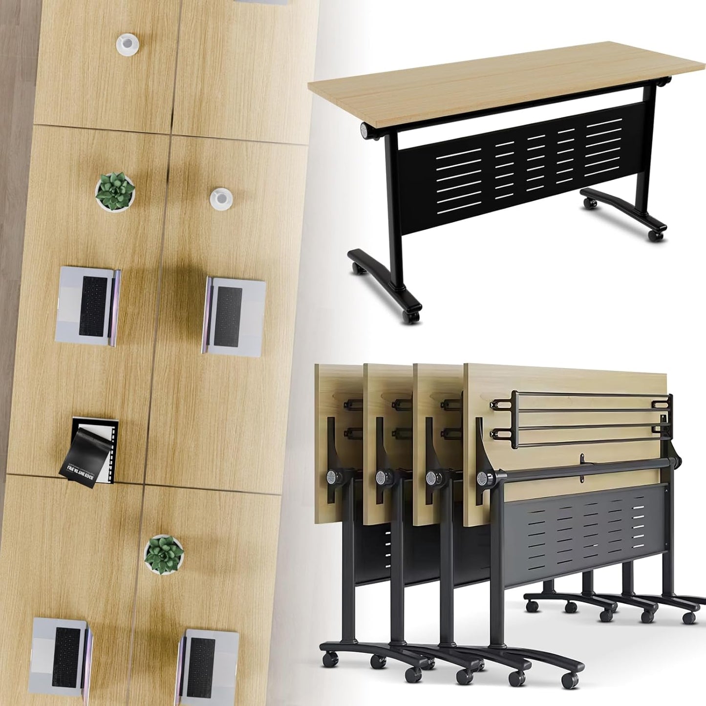 Folding Conference Room Table, Modern Conference Tables with Wheels, Large Rectangular Mobile Training Tables for Office Classroom, Foldable Modular Boardroom Seminar Table Maple (4pack L70.9in)