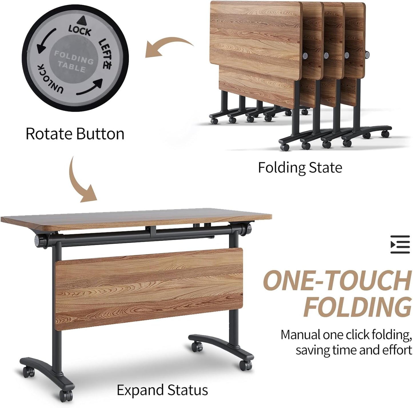 Folding Conference Table, Modern Conference Room Tables with Flip-Top Design, Foldable Conference Table Meeting Table with Wheels, Mobile Seminar Training Tables for Office Classroom (6, Walnut 2)