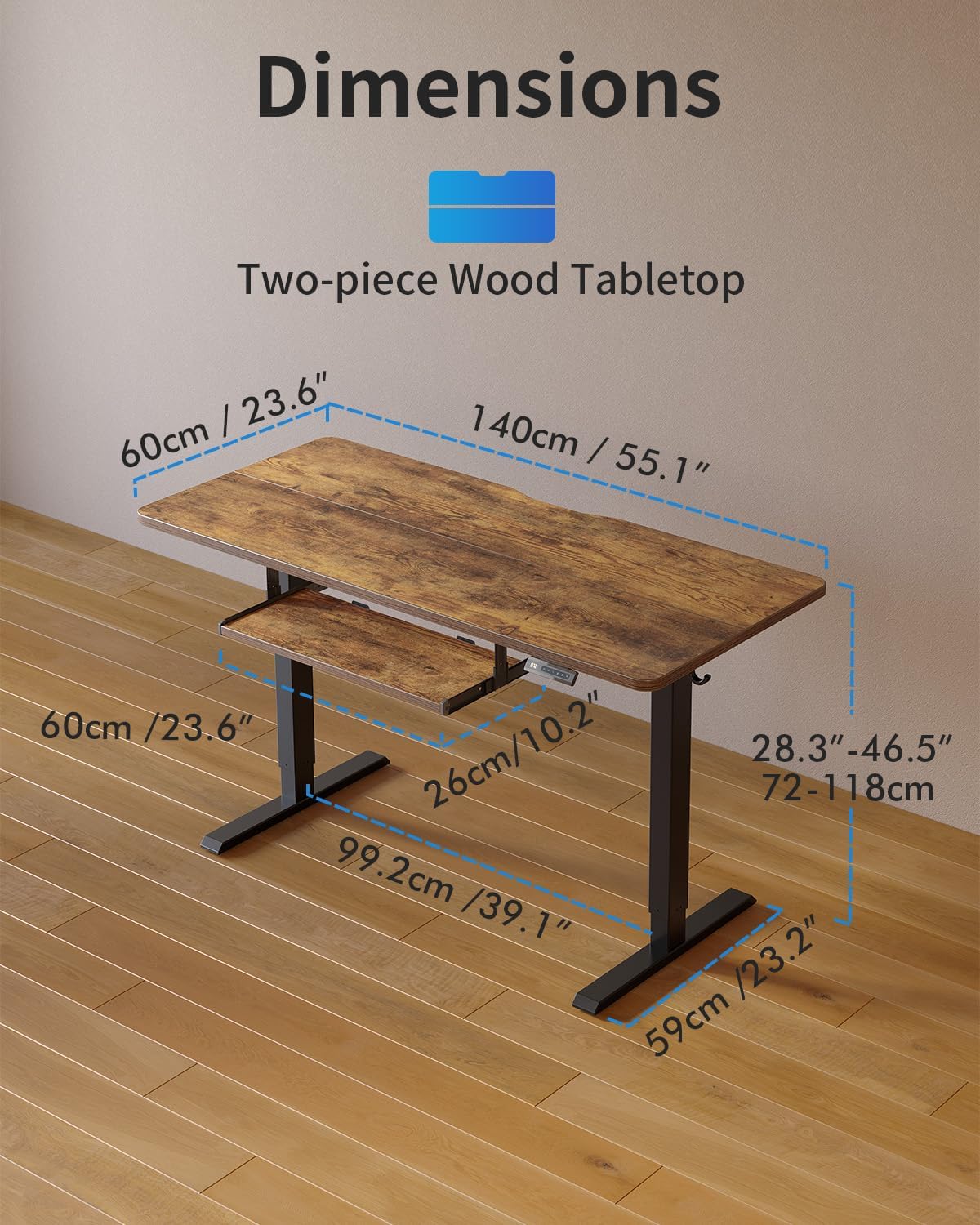 FEZIBO Standing Desk with Keyboard Tray, 55 x 24 Inch Adjustable Height Sit Stand Desk with Memory Presets for Home Office, Ergonomic Computer Workstation, Rustic Brown