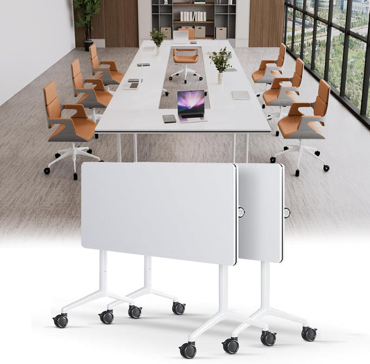 Conference Table, Folding Conference Tables for 2-20 People, Modern Conference Room Table with Wheels, Super Sturdy Large Rectangle Mobile Meeting Seminar Tables for Office (2PCS 55.1in)