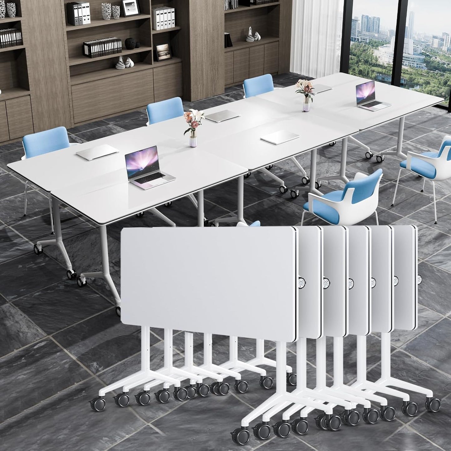 Conference Table, Folding Conference Tables for 2-20 People, Modern Conference Room Table with Wheels, Super Sturdy Large Rectangle Mobile Meeting Seminar Tables for Office (6PCS 61.0in)