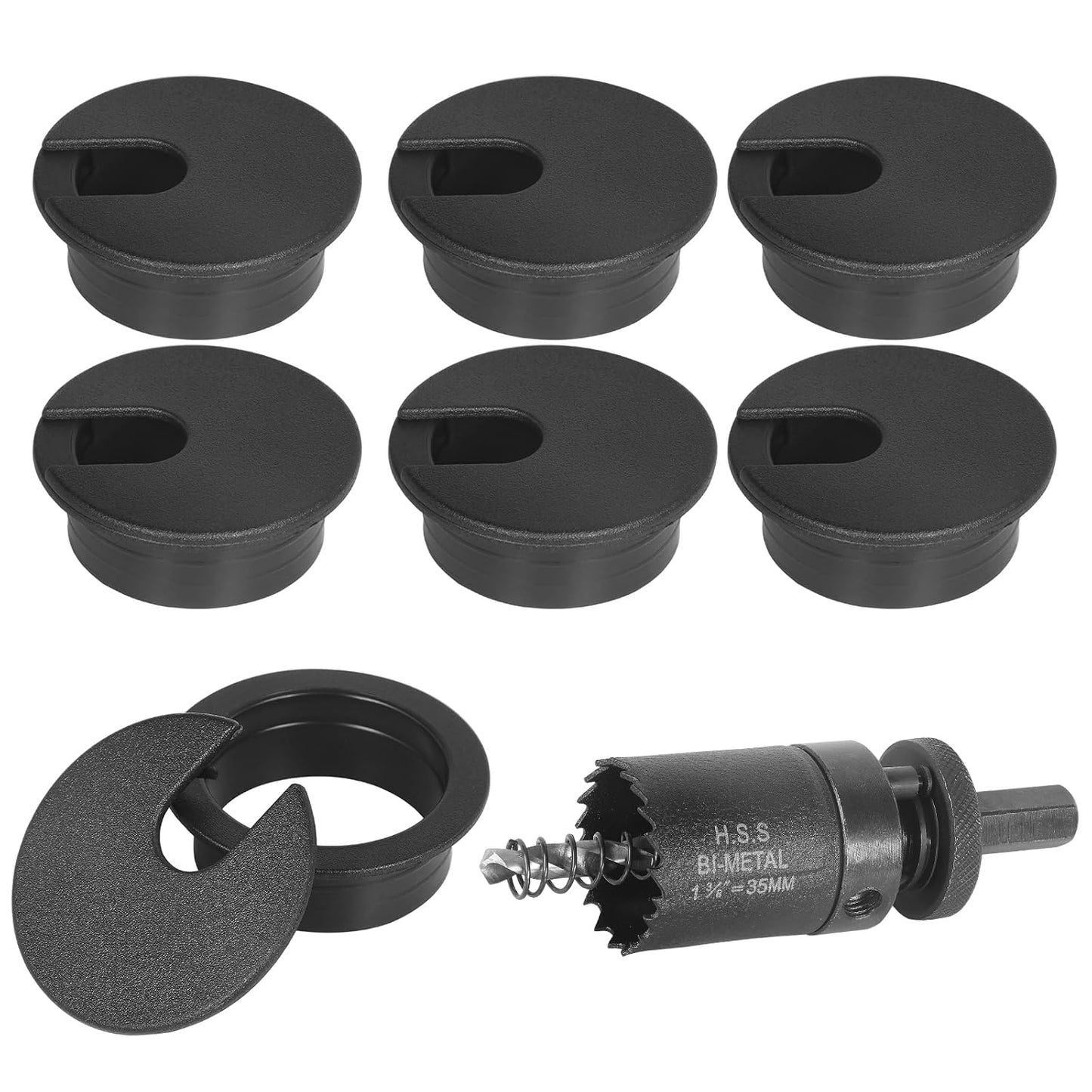 1-3/8" Black Desk Grommet with Bi-Metal Hole Saw, JTemgle Plastic Cable Hole Cover Computer Table Cord Wire Organizer Caps, Desktop Cord Management for Home Office TV Stands Tabletops, 7 Pieces
