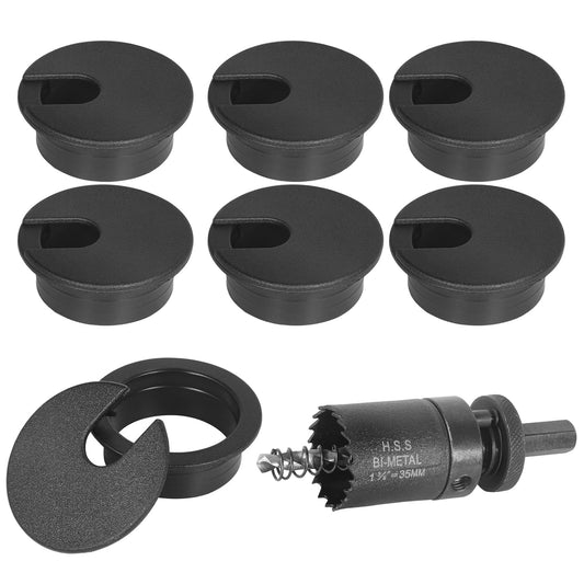 1-3/8" Black Desk Grommet with Bi-Metal Hole Saw, JTemgle Plastic Cable Hole Cover Computer Table Cord Wire Organizer Caps, Desktop Cord Management for Home Office TV Stands Tabletops, 7 Pieces