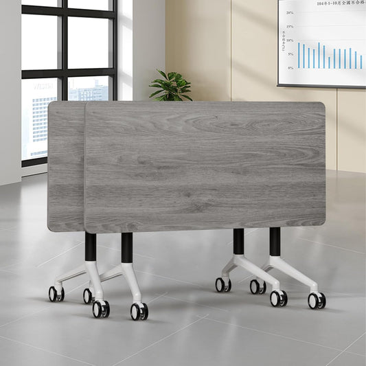 Folding Conference Table, Modern Large Conference Room Tables with Flip-Top Design, Foldable Conference Table Meeting Table with Wheels, Mobile Seminar Training Tables for Office Classroom (2, Oak)