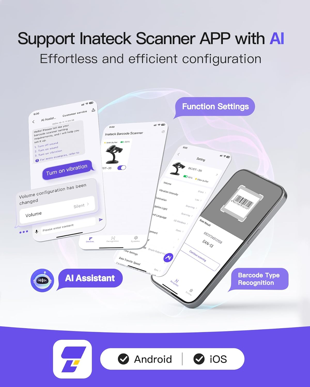 Inateck 2D Barcode Scanner with Intelligent Stand, Wireless QR Code Scanner, Handheld Scanner with APP and SDK, 2D Imager with 2600mAh Battery, BCST-35 Gray