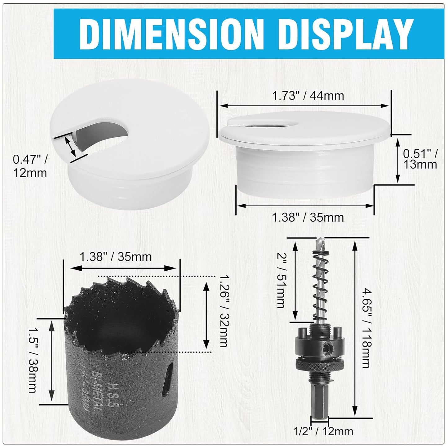 1-3/8" White Desk Grommet with Bi-Metal Hole Saw, JTemgle Plastic Cable Hole Cover Computer Table Cord Wire Organizer Caps, Desktop Cord Management for Home Office TV Stands Tabletops, 13 Pieces