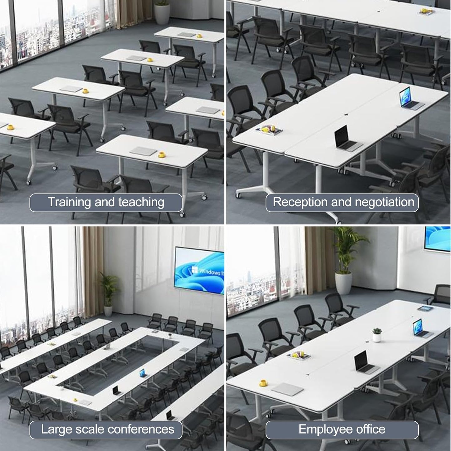 Folding Conference Room Table, Modern Mobile Training Table with Wheels, White Foldable Seminar Meeting Tables for Office Corporations (4pack 47.2in)