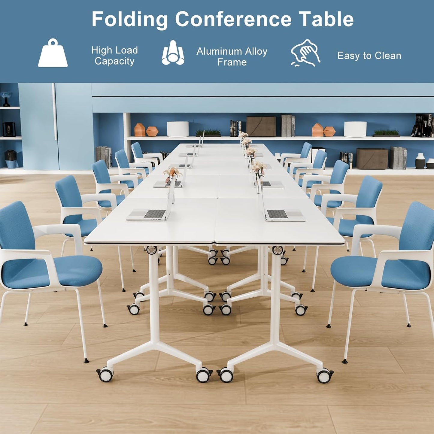 6Pack Folding Conference Room Table, Modern Conference Tables with Silent Wheels, Large Rectangular Mobile Training Tables for Office Classroom, Foldable Modular Seminar Table White (L55.1in)