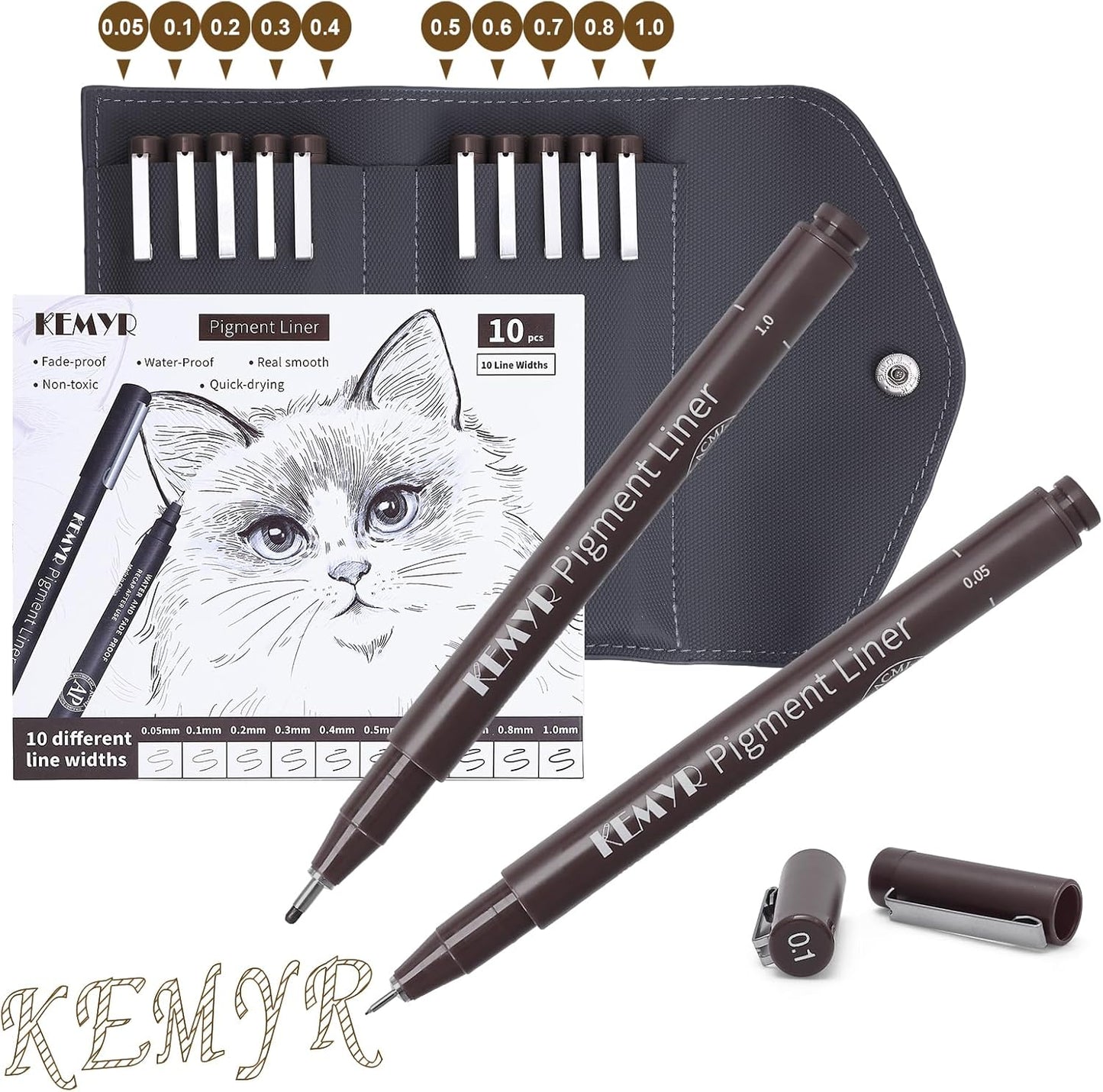 10 Micro Fine liner Drawing Art Pens Calligraphy Pens: 0.05mm-1.0mm Size Art supplies Waterproof Archival brown Ink Markers For Artists,Use for Professional Watercolor,Sketching