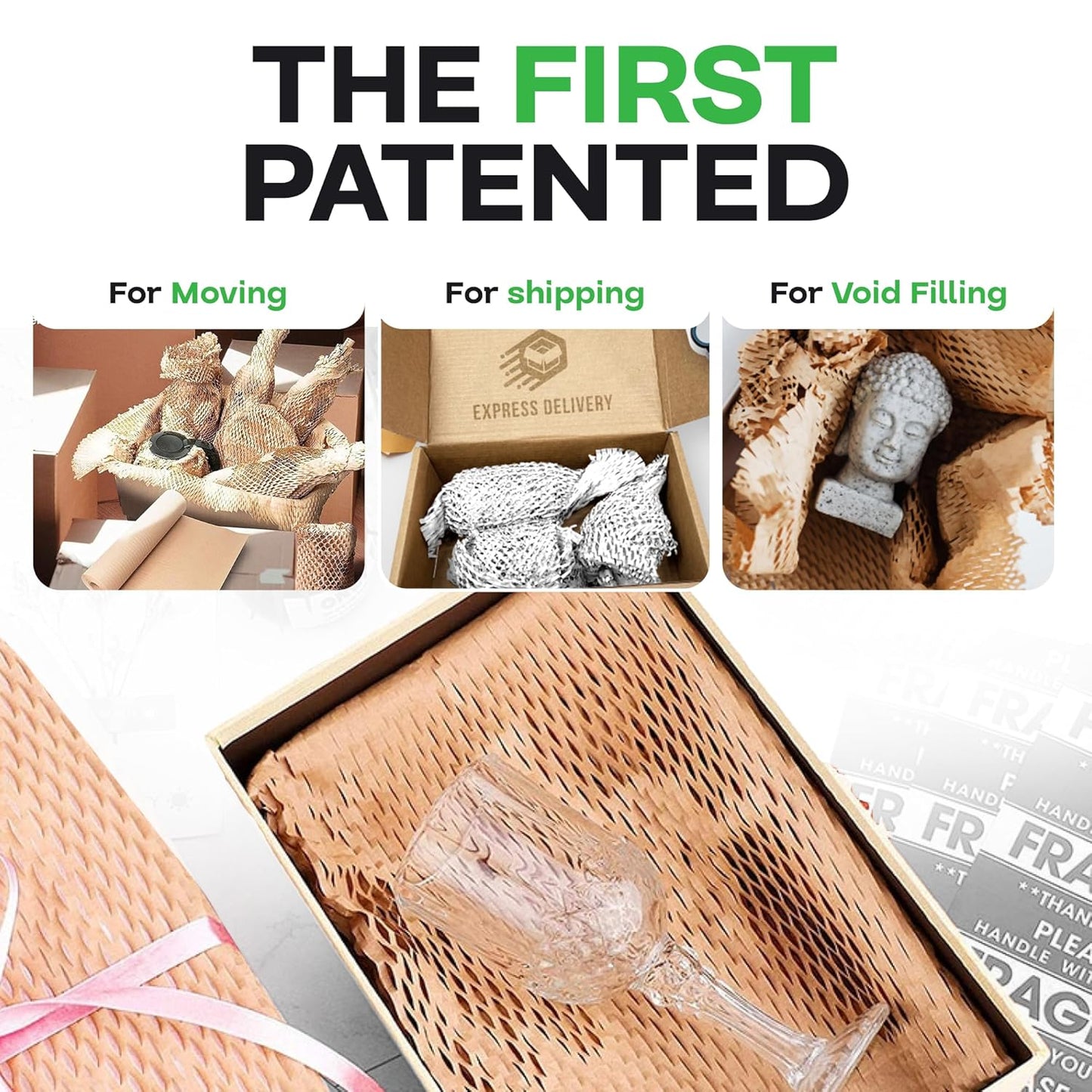 IDL Packaging Original HexcelWrap Honeycomb Packing Kraft Paper 15.25" x 1400' Roll in Self-Dispensed Box, White - The First Patented Interlocking Slit Paper Design for Shipping