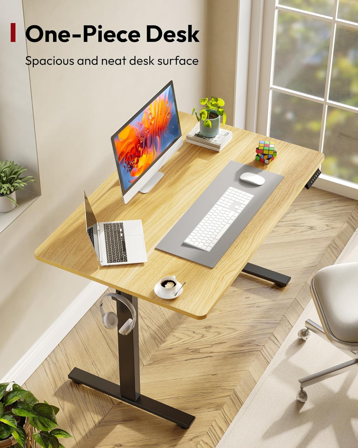 SANODESK Electric Standing Desk 48 x 30 Inches Whole-Piece Desktop Height Adjustable Stand Up Desk w/6-Button Controller Ergonomic Computer Desk for Home Office, Black Frame + Natural Tabletop