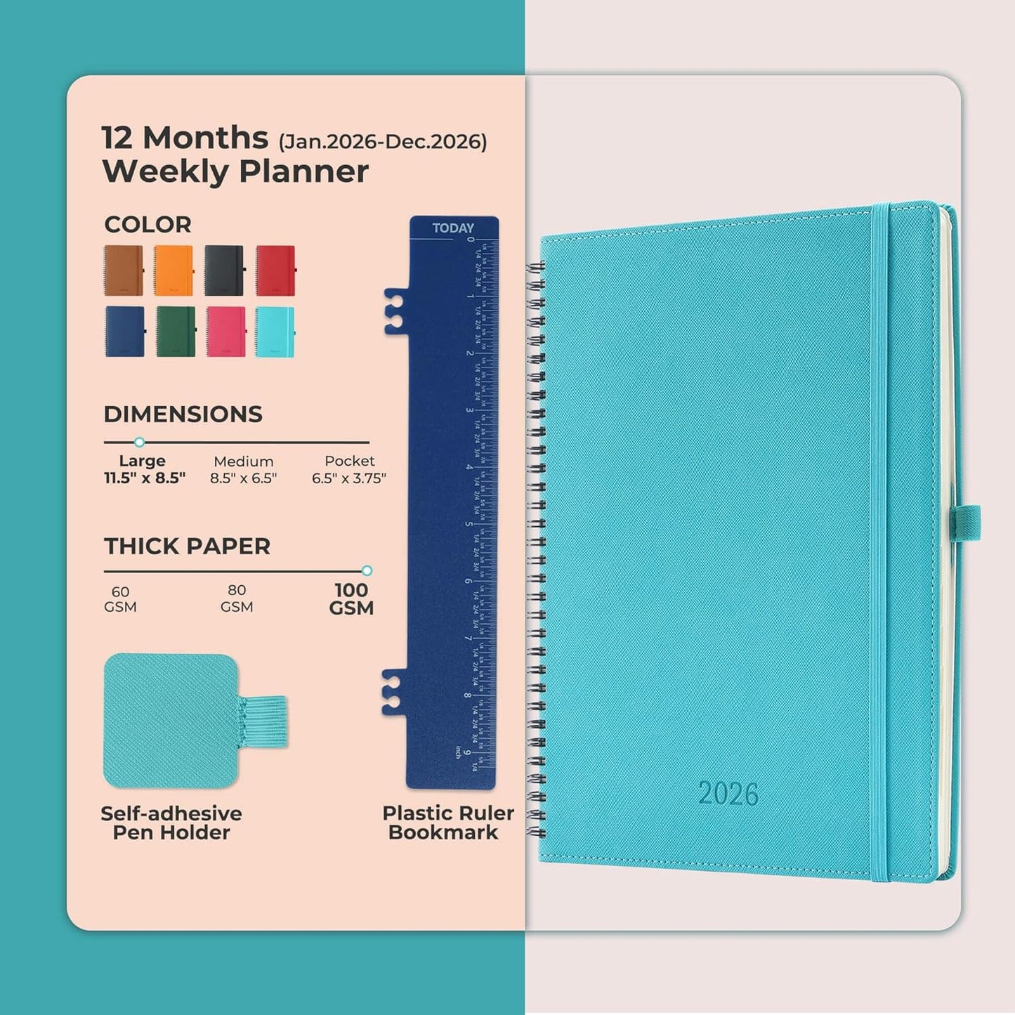 IN-LUXPRO Planner 2026 Daily Weekly and Monthly,11.5"x8.5",12 Months Spiral Bound Calendar Agenda with Self-adhesive Pen Holder,2026 Appointment Book with Vegan Leather Soft Cover,Light Blue