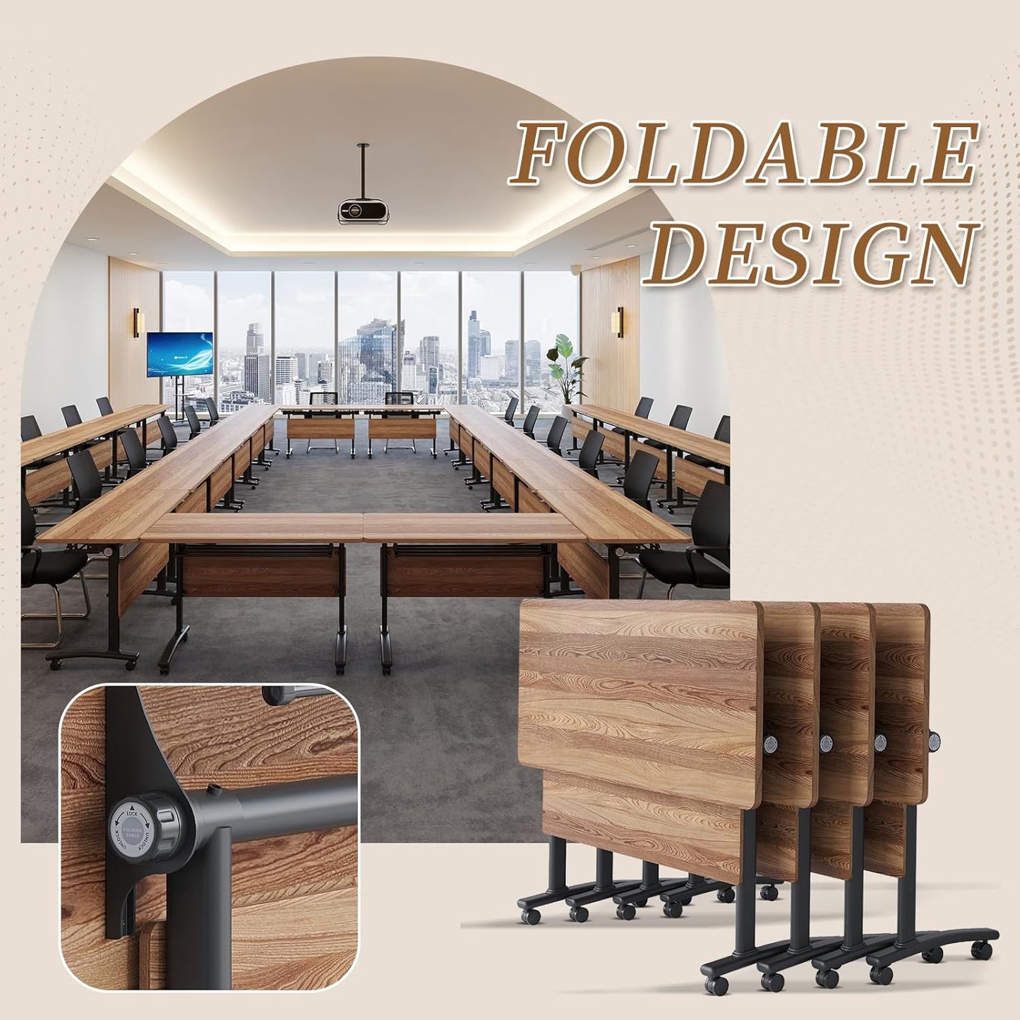 Folding Conference Room Table, Modern Conference Tables with Silent Wheels, Large Rectangular Mobile Training Tables for Office Classroom, Foldable Modular Boardroom Seminar Table (6pack L47.2in)