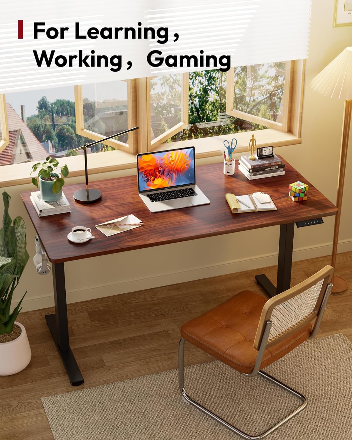 SANODESK Electric Standing Desk 48 x 30 Inches Whole-Piece Desktop Height Adjustable Stand Up Desk w/6-Button Controller Ergonomic Computer Desk for Home Office, Black Frame + Mahogany Tabletop