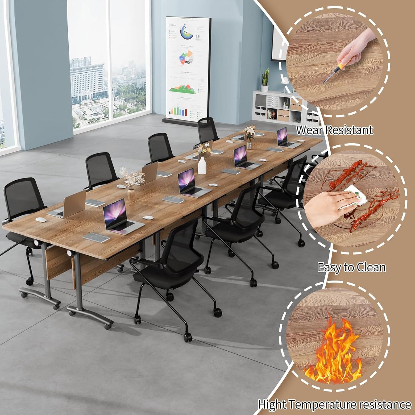 Folding Conference Table, Modern Conference Room Tables with Flip-Top Design, Foldable Conference Table Meeting Table with Wheels, Mobile Seminar Training Tables for Office Classroom (6, Walnut 2)