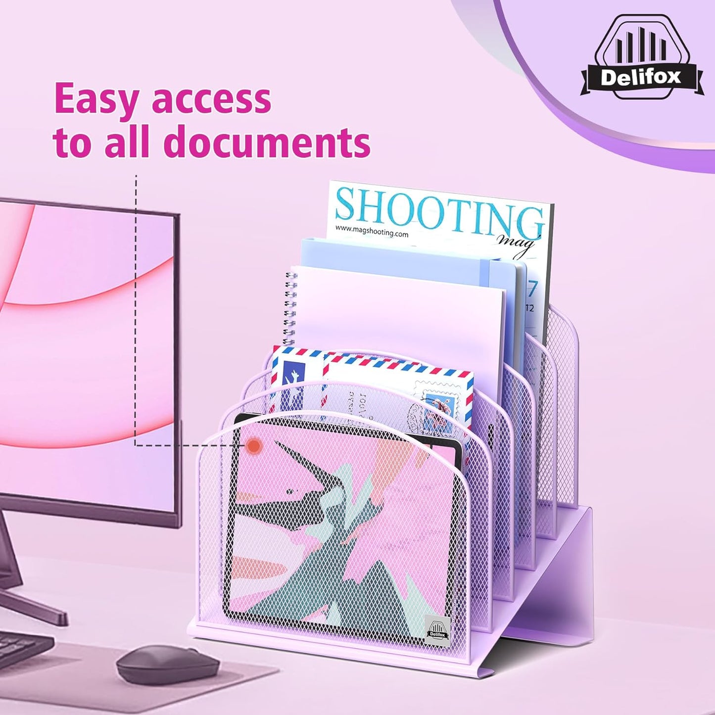 Inclined Desk File Organizer, 5-Section Vertical File Folder Holder Stand Metal Rack File Sorter for Office Classroom Desktop Organization (Purple, 2Pack)