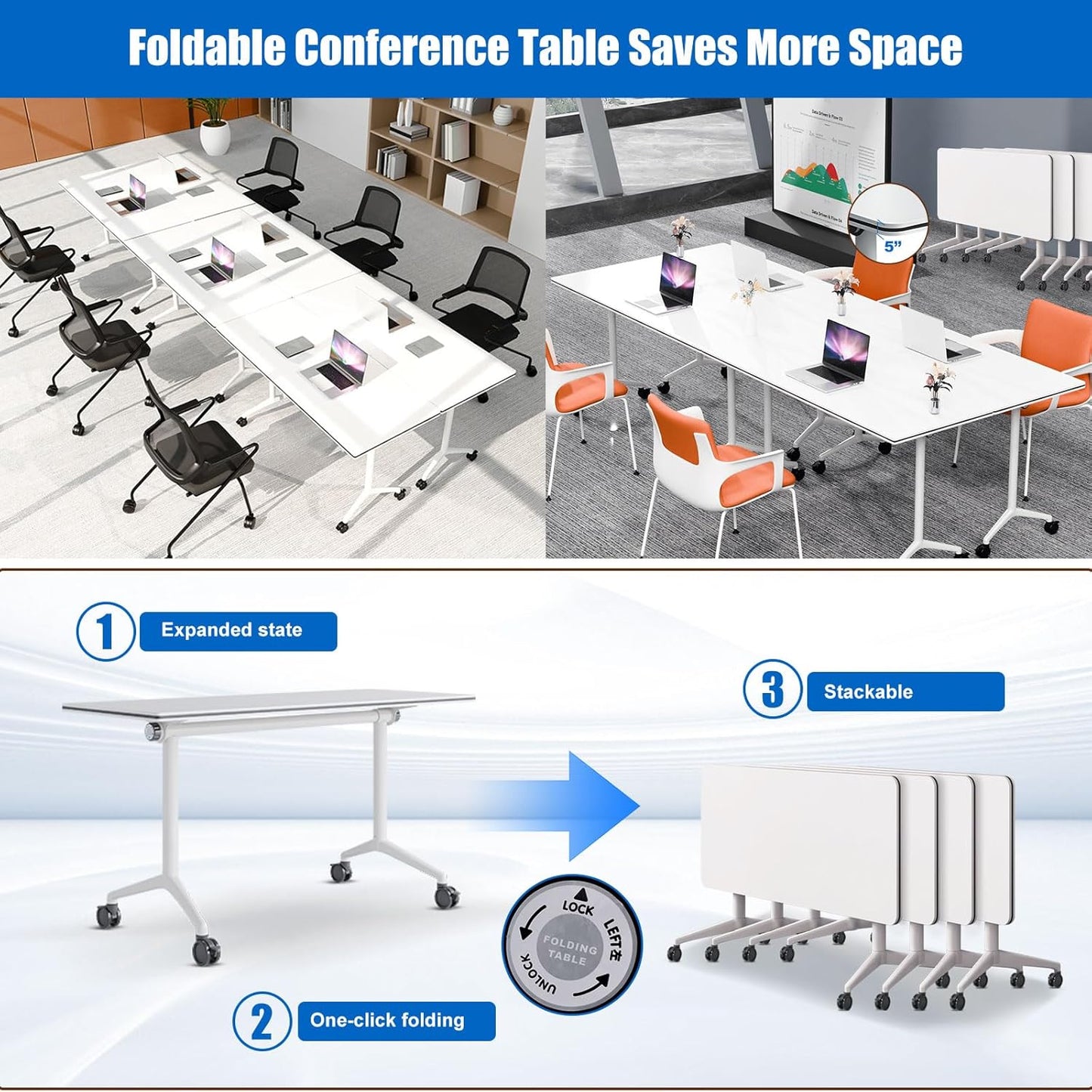 Conference Table, Folding Conference Desk Modern White, Seminar Table with Wheels, 2-10 People for Office, Meeting Break Room (4, 1915, 47IN)