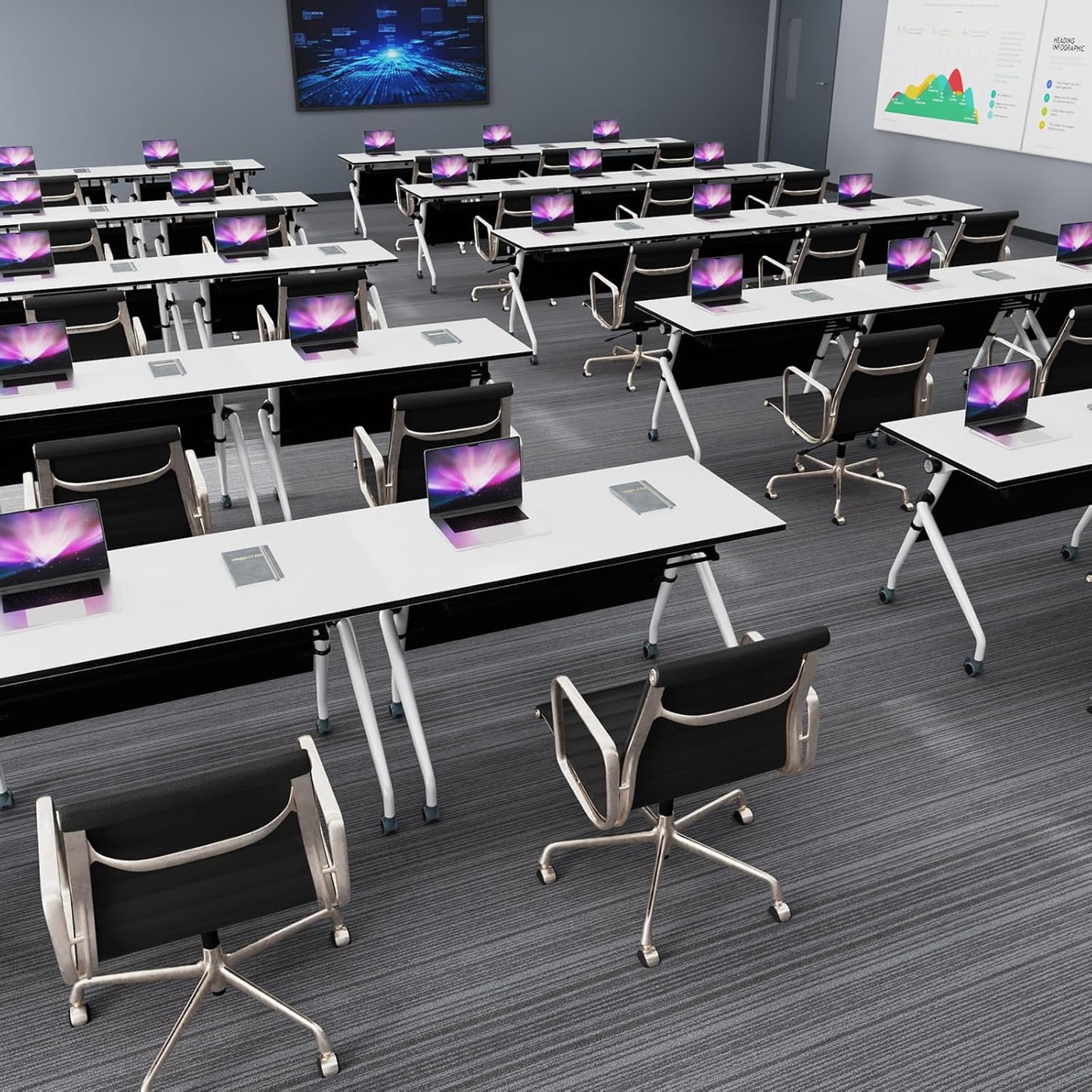 Conference Table, Folding Conference Room Tables, Mobile Training Tables with Silent Wheels, Large Rectangular Modular Seminar Table Office Computer Desks for Classroom White (4Pack L63in)