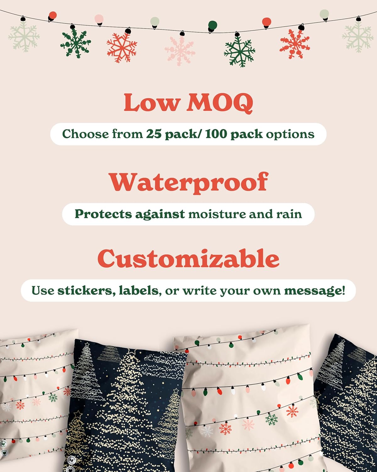 Impack Biodegradable Mailers - Flat Shipping Bag, Waterproof-Printed Mailing Bags-Thick Mailing Envelope for Accessories & Clothing, Self Sealing Envelope (Christmas Trees 25pack, 10x13 Inch)