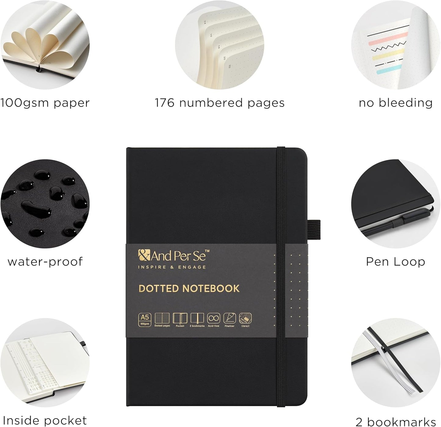 &And Per Se Bullet Dotted Journal Notebook, A5 Leather Hardcover, 176 Numbered Pages 100GSM Thick Dotted Paper, 2 Sheets of Stencils Included - 5.7'' x 8'' (Black)