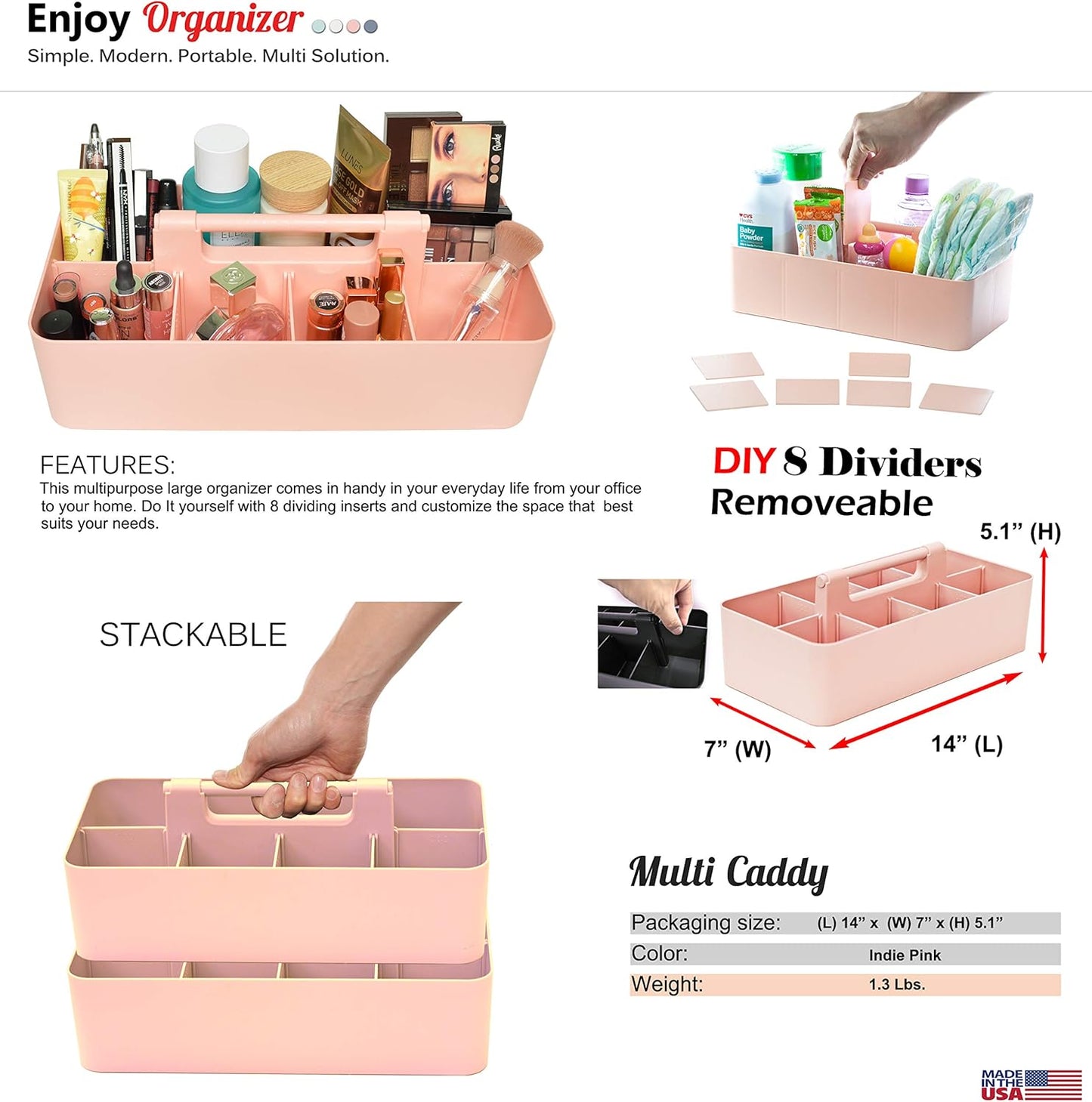 -Large Portable Caddy, DIY Dividers, 8 Compartments, School Office Supplies Home Organizer Basket with Handle Storage Organizer Made in USA (3 PACK, Indie Pink)